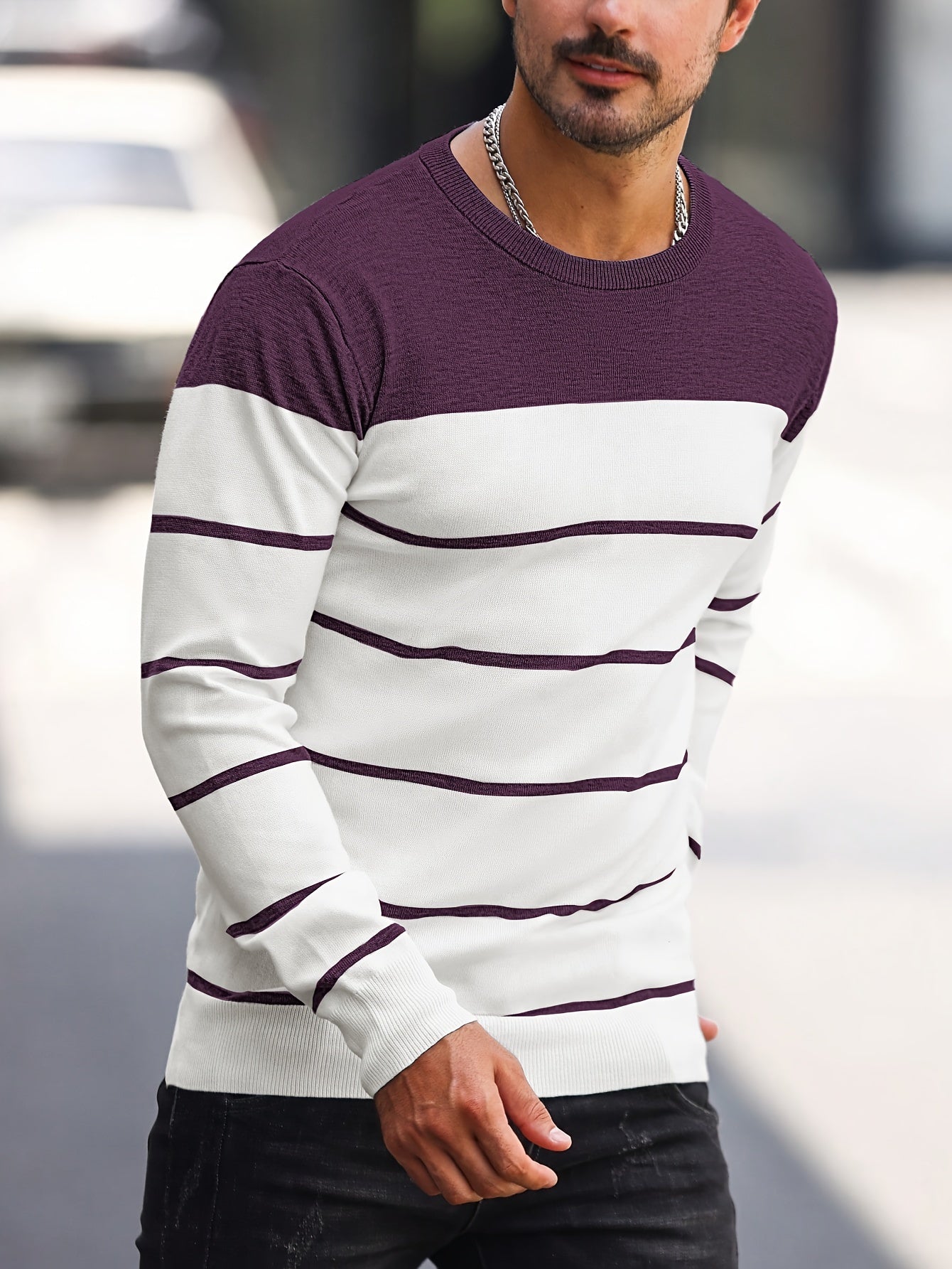 Men's Casual Striped Knit Pullover Sweater - Navy & White Contrast, Regular Fit H-Silhouette, Long Sleeve Crew Neck, Medium Stretch, Machine Washable for Spring & Fall, Mediumstretch Fabric