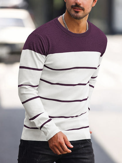Men's Casual Striped Knit Pullover Sweater - Navy & White Contrast, Regular Fit H-Silhouette, Long Sleeve Crew Neck, Medium Stretch, Machine Washable for Spring & Fall, Mediumstretch Fabric
