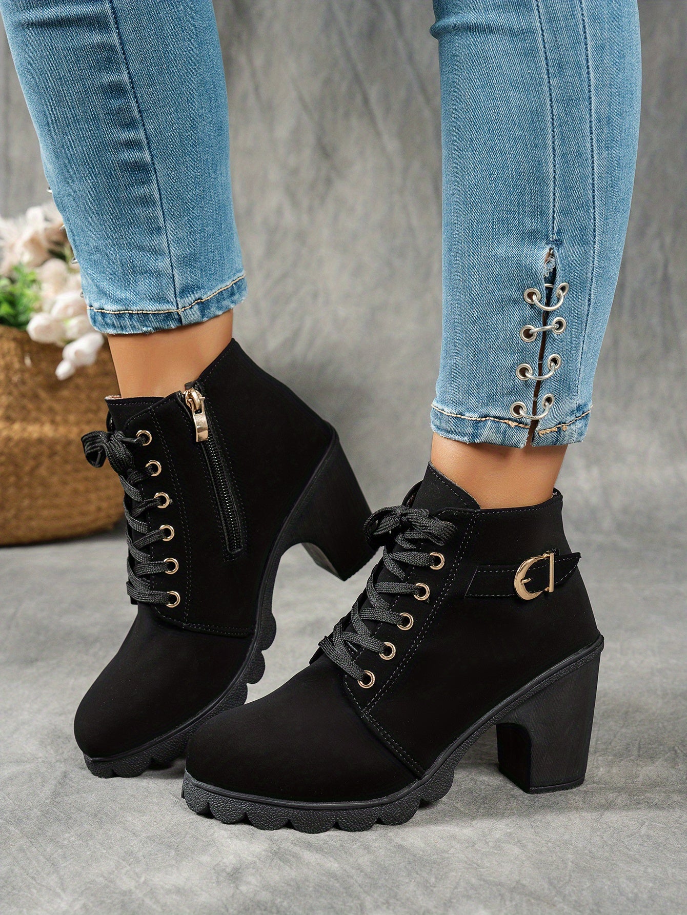 MagiMoBo Women'S Mid-Heel Ankle Boots with Side Zipper - Comfortable Faux Cover, Decorative Buckle Design, All-Season Versatile Casual Shoes for Casual Attire, Chunky Heel, Versatile Ankle Boots | Decorative Buckle Boots | Sy