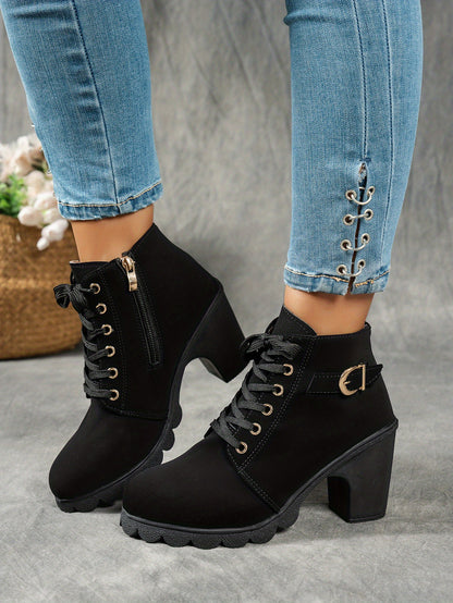 MagiMoBo Women'S Mid-Heel Ankle Boots with Side Zipper - Comfortable Faux Cover, Decorative Buckle Design, All-Season Versatile Casual Shoes for Casual Attire, Chunky Heel, Versatile Ankle Boots | Decorative Buckle Boots | Sy