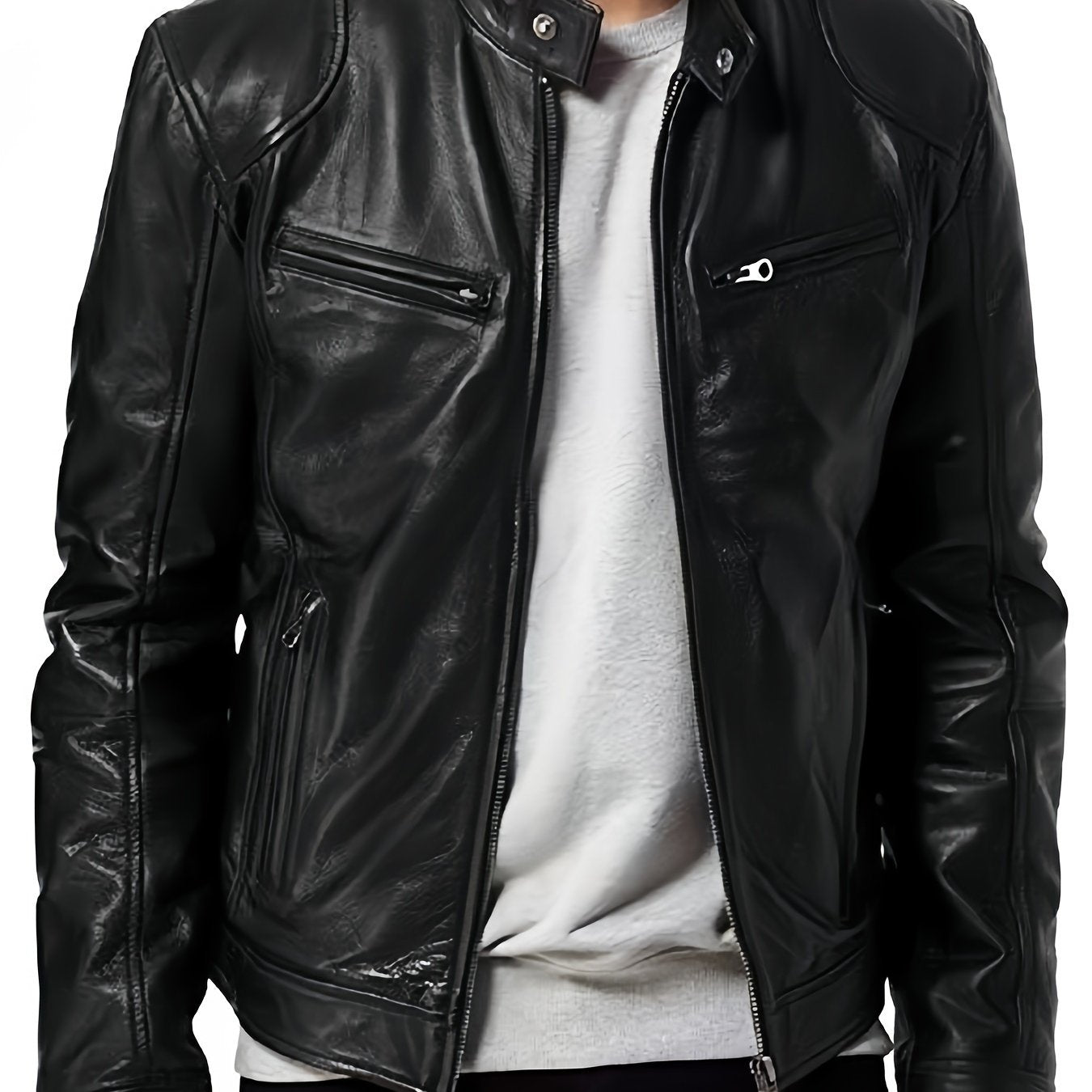 1pc Men'S Casual Faux Leather Jacket with Stand Collar, Solid Color Motorcycle Coat, Regular Fit with Pockets, Non-Stretch Woven Fabric - Spring/Fall Fashion Outerwear