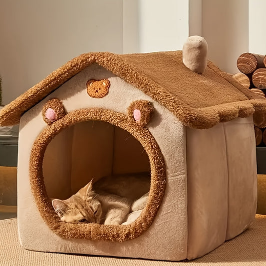 Cozy Cat House Bed - Detachable & Washable, Soft Plush Interior, Winter Warm Pet Nest for Cats and Small Dogs, Easy Assembly, Cute Cat Bed