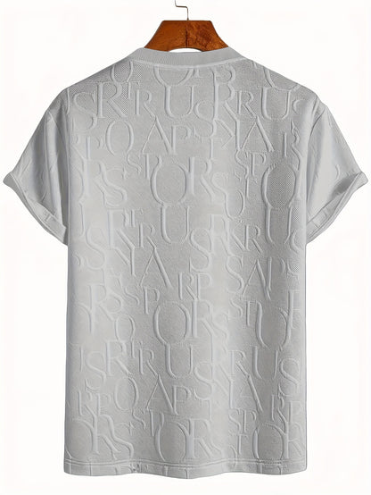Men's Summer Casual Short Sleeve T-Shirt - Relaxed Fit Round Neck with Vertical Letter Print & Elastic Cuffs, Breathable Fabric for Daily Wear, Commuting & Outdoor Activities, Shirts for Summer