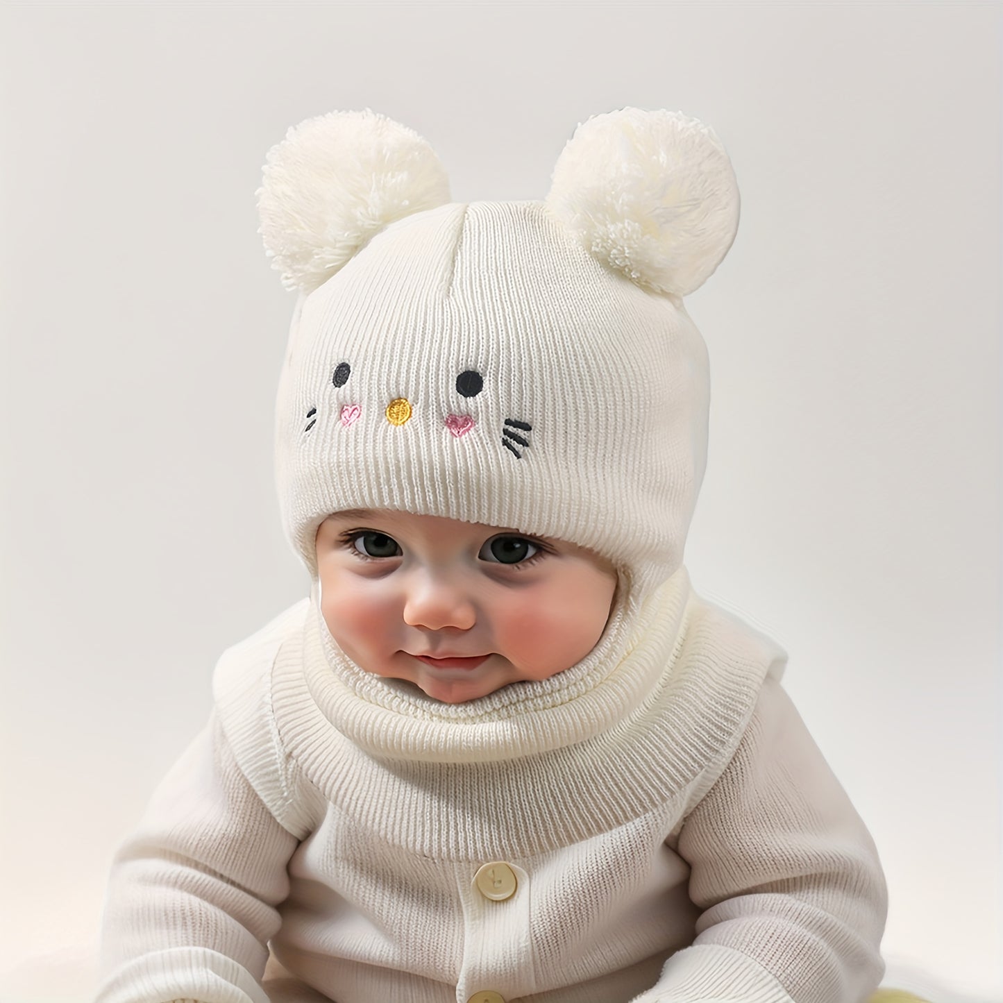 Knit Balaclava Beanie and Neck Warmer hat,cat Embroidery, Stretch Fit, Suitable for 0-3 Years Old, Daily and Casual Wear, Birthday, Holiday Party, Autumn and Winter, Christmas, Halloween