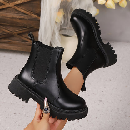 Women'S Slip-On Chelsea Boots - Thick Platform Mid-Calf, Round Toe & Cushioned Sole, Soft Rubber Sole, Elastic Lining, Solid Black Versatile Boots for Autumn/Winter Commuting & Casual Wear, Comfortable Footwear, Fashionforwar