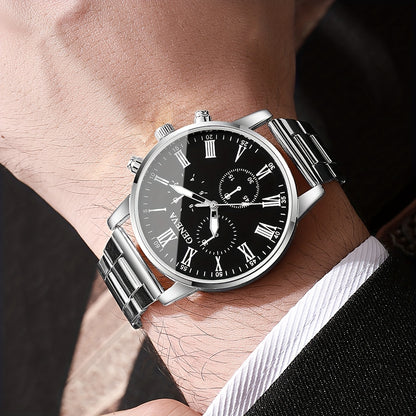 3pcs Men'S Fashion Casual Roman Numeral Quartz Watch with Necklace and Bracelet Set, Suitable for Father'S Day, Teacher'S Day, Thanksgiving, Students, Graduation, Birthday, Best Gift