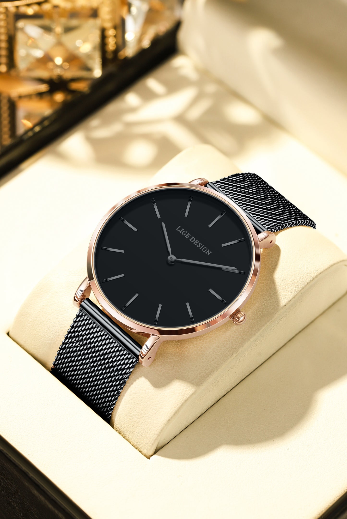 LIGE Women'S Ultra-Thin Quartz Watch with Rose Golden Mesh Strap - Elegant Blue Dial, Minimalist Design, Perfect Gift for Mother'S Day, Christmas, Thanksgiving, Christmas Accessory | Minimalist Watch | Quartz Movement