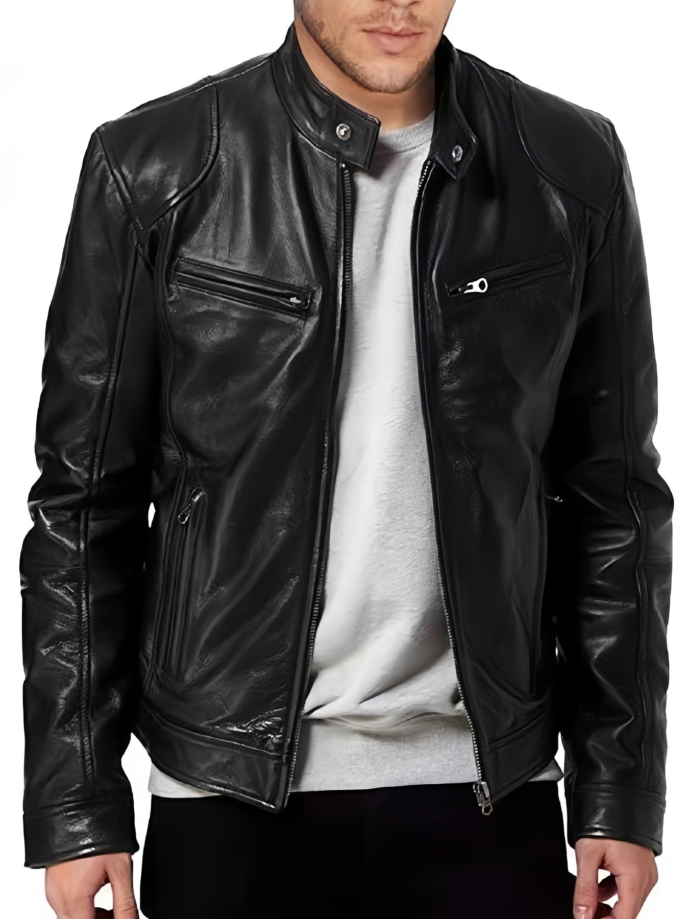 1pc Men'S Casual Faux Leather Jacket with Stand Collar, Solid Color Motorcycle Coat, Regular Fit with Pockets, Non-Stretch Woven Fabric - Spring/Fall Fashion Outerwear