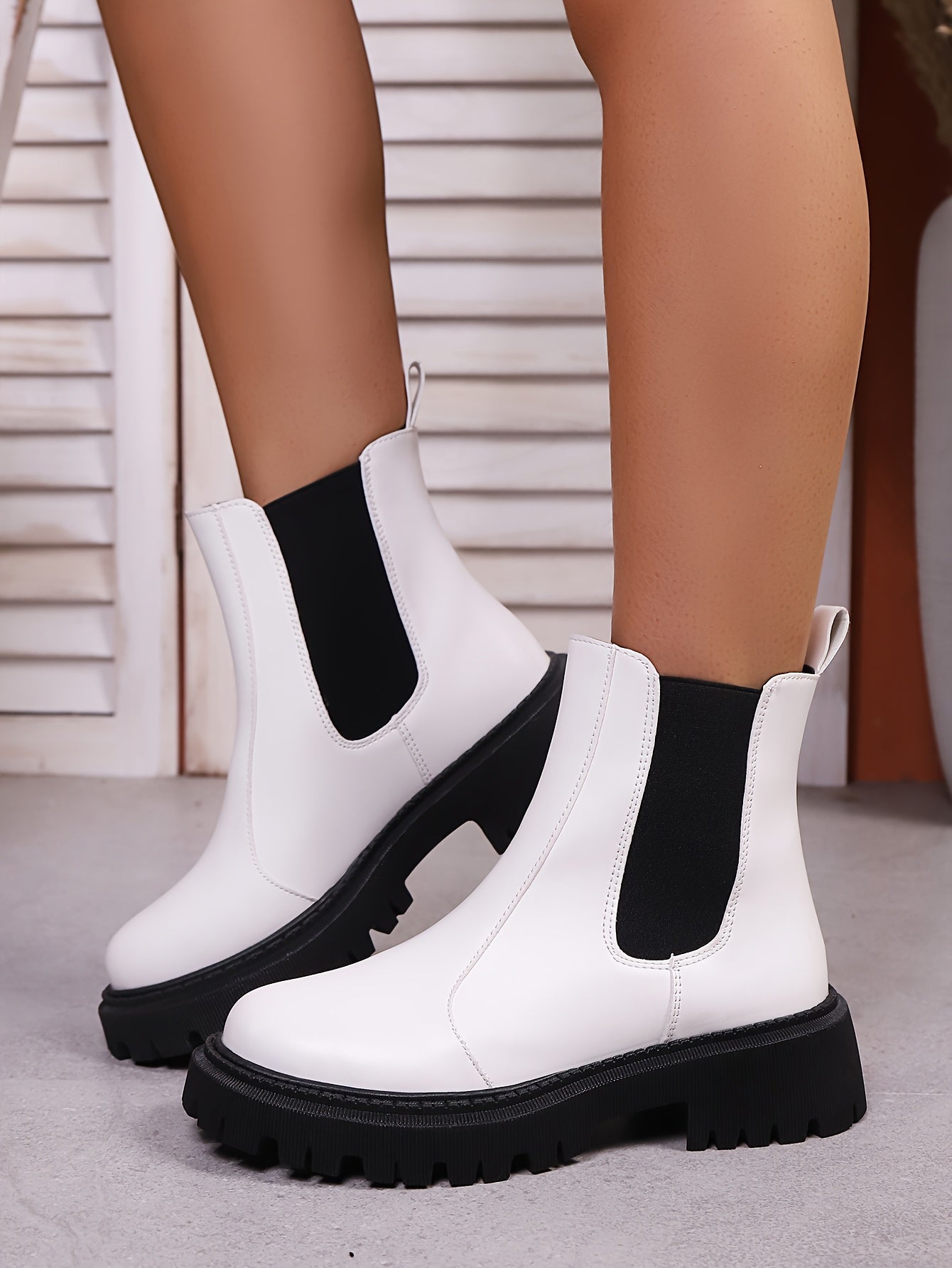 Women'S Slip-On Chelsea Boots - Thick Platform Mid-Calf, Round Toe & Cushioned Sole, Soft Rubber Sole, Elastic Lining, Solid Black Versatile Boots for Autumn/Winter Commuting & Casual Wear, Comfortable Footwear, Fashionforwar