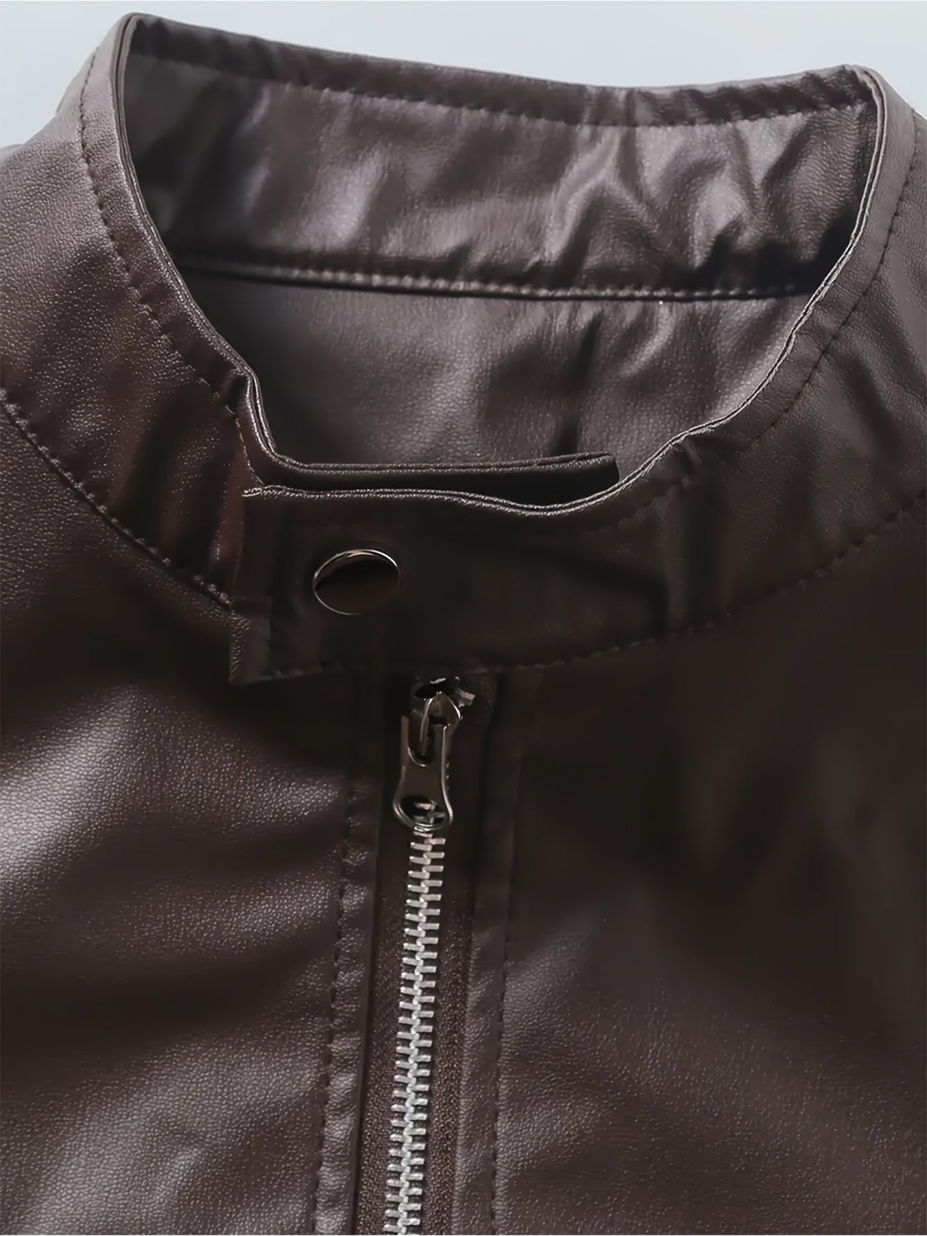 1pc Men'S Casual Faux Leather Jacket with Stand Collar, Solid Color Motorcycle Coat, Regular Fit with Pockets, Non-Stretch Woven Fabric - Spring/Fall Fashion Outerwear