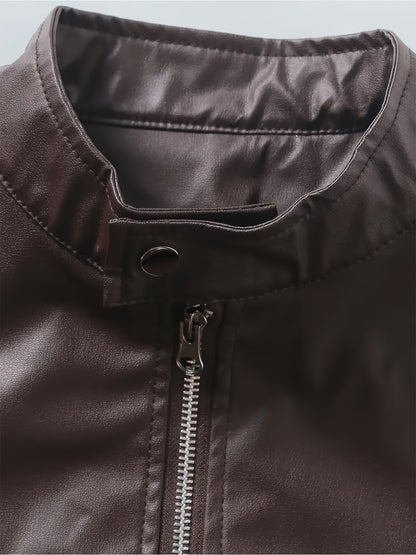 1pc Men'S Casual Faux Leather Jacket with Stand Collar, Solid Color Motorcycle Coat, Regular Fit with Pockets, Non-Stretch Woven Fabric - Spring/Fall Fashion Outerwear