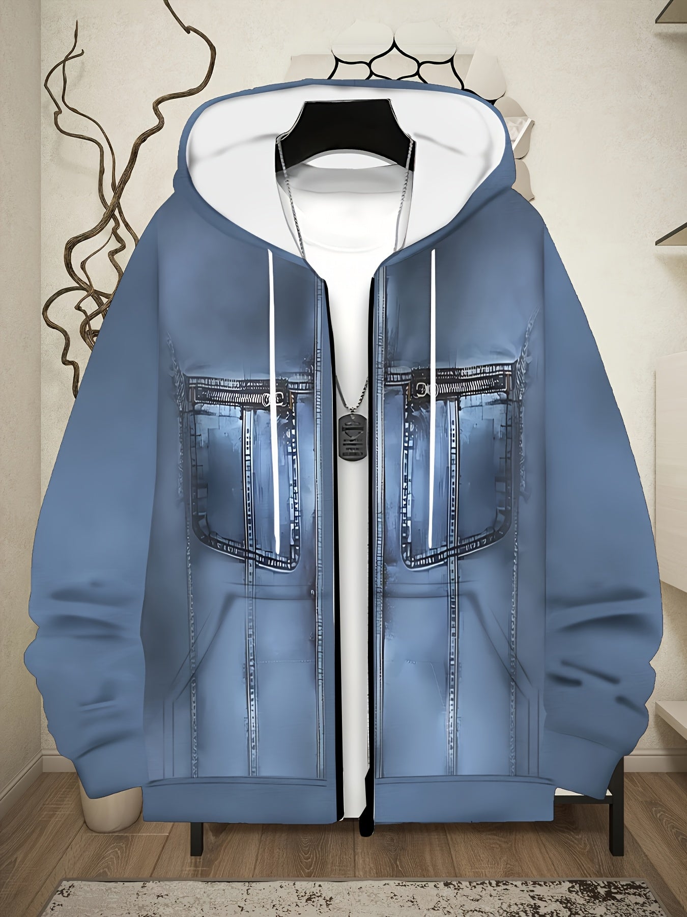 Men's Full-Zip Hoodie Jacket - Two-Tone Zipper Closure (white to), Adjustable Hood, Loose Fit Streetwear Coat - Soft Polyester Outer for Spring/Fall - Casual Outerwear for Everyday & Special Events, Zip Up Hoodie, Outdoor Wea