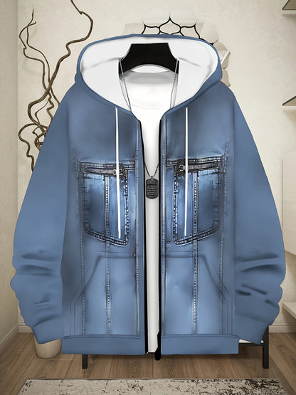Men's Full-Zip Hoodie Jacket - Two-Tone Zipper Closure (white to), Adjustable Hood, Loose Fit Streetwear Coat - Soft Polyester Outer for Spring/Fall - Casual Outerwear for Everyday & Special Events, Zip Up Hoodie, Outdoor Wea