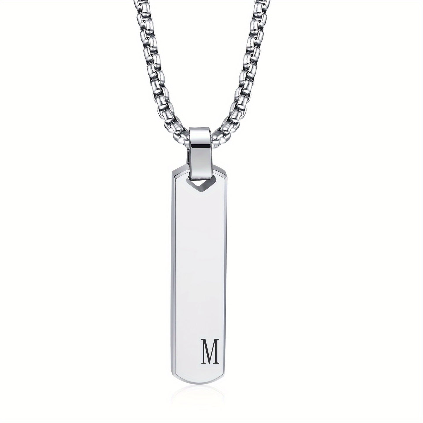 Letter Necklace Pendant Made of Stainless Steel, Featuring a Laser-Etched Design of 26 Letters, Polished for a Stylish 3D Rectangular Look, Suitable for Men.