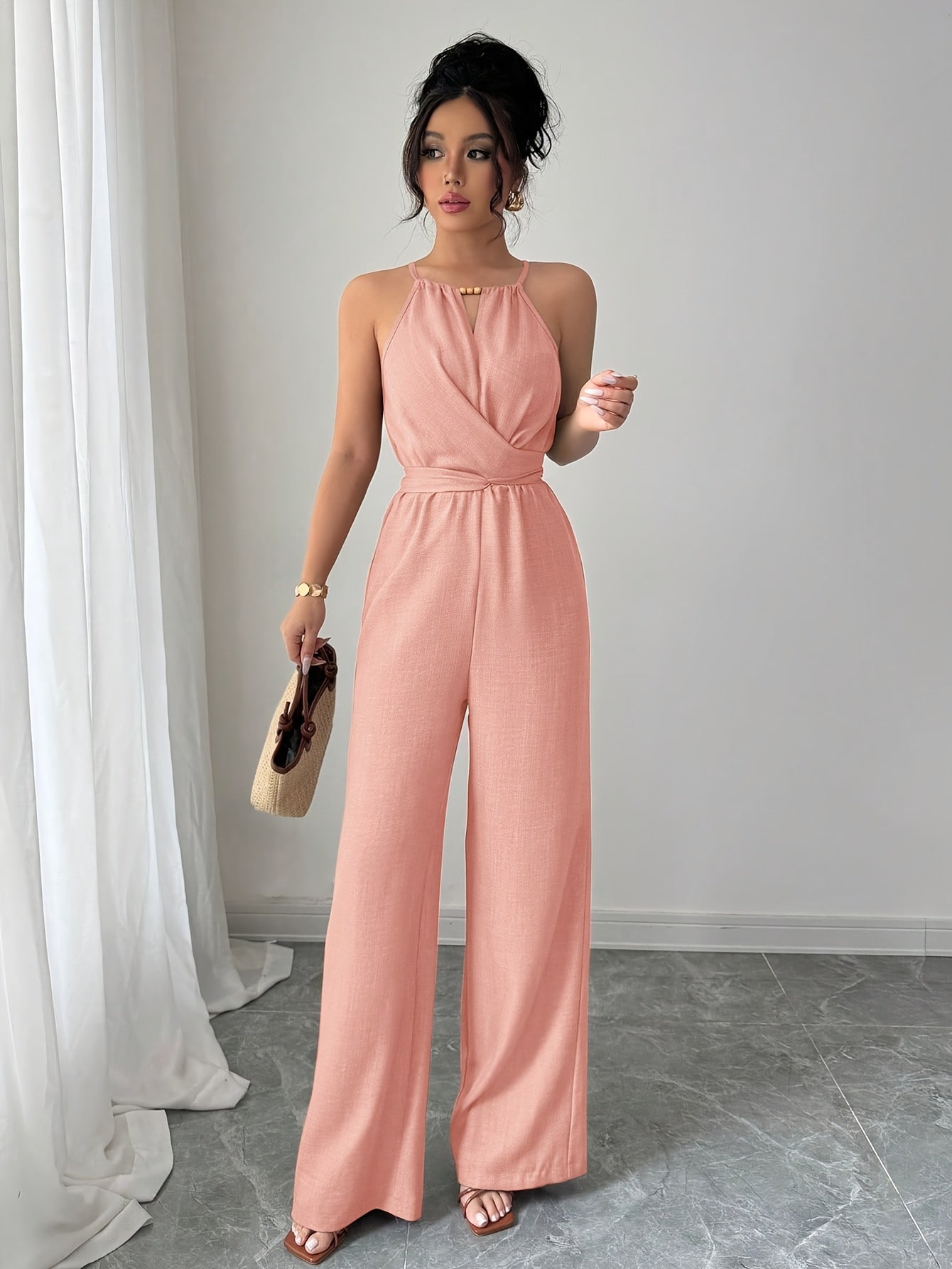 Women'S Elegant Off-Shoulder Twist Front Jumpsuit - Beige Wide-Leg Jumpsuit with Adjustable Waist Tie, Perfect for Spring & Summer Casual or Dressy Outfits, Casual Chic Wear | Offshoulder Fashion | Polyester Fabric