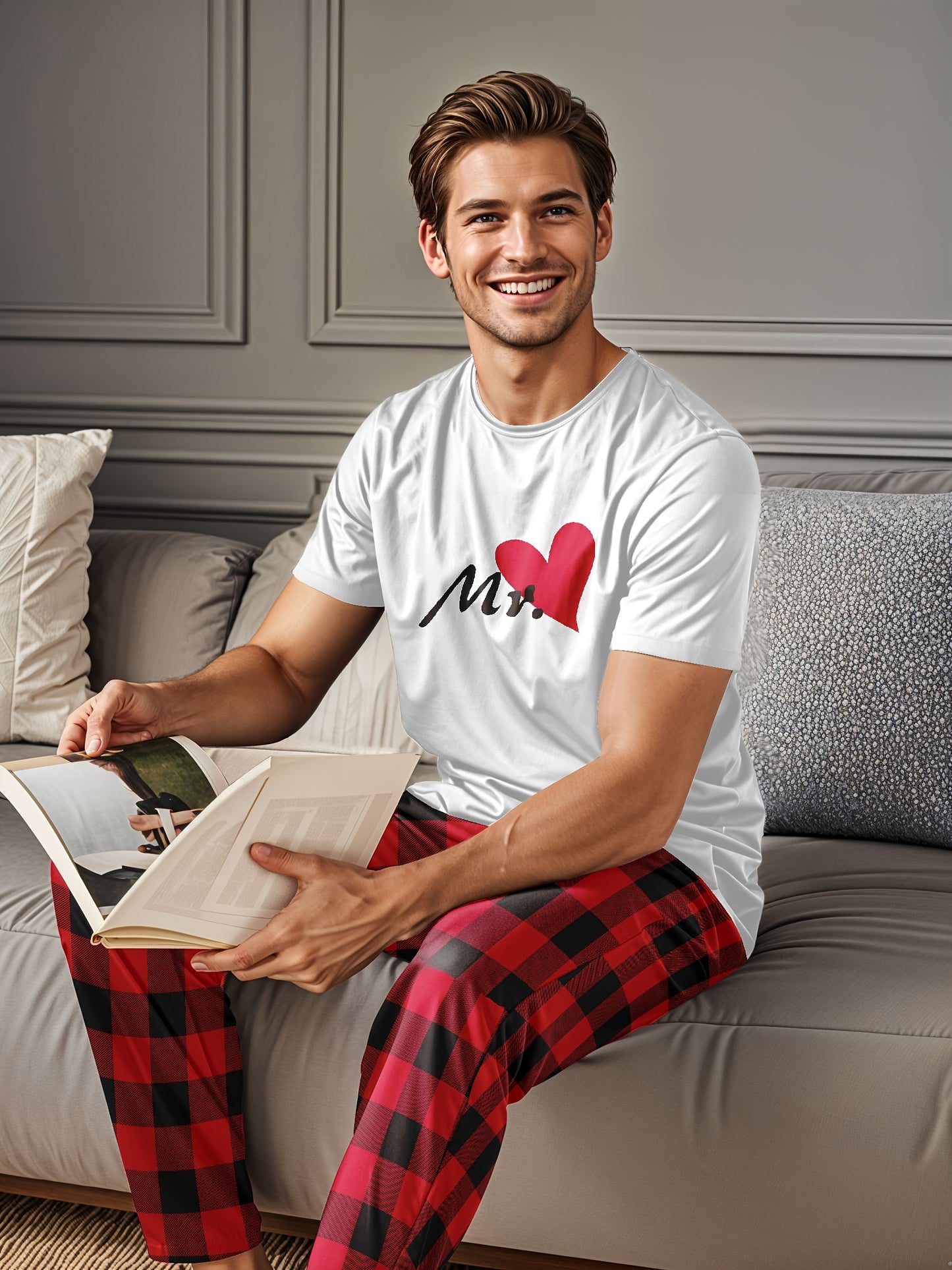 Men'S Polyester Crew Neck T-Shirt and Pants Set, Red Heart Print Tee with Red Checkered Pants, Medium Stretch Knit Fabric, Regular Fit, 97% Polyester 3% Elastane, Comfortable Home Wear