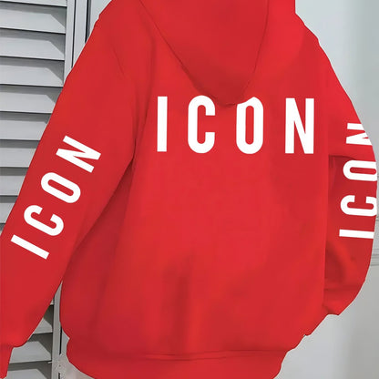 1pc Women'S Pink Hoodie with "ICON" Letter Print - Cozy Long-Sleeve Zip-Up Sweatshirt, Machine Washable, Casual Fall/Winter Pullover with Pockets, Casual Winter Wear | Trendy Casual Hoodie | Machine Washable Fabric