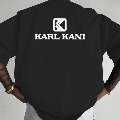 Men'S Casual Crew Neck T-Shirt with "KARL KANI" Graphic - Breathable, Moisture-Wicking, Short Sleeve, Regular Fit, Geometric Pattern, Ideal for Home & Outdoor Activities, All-Season Comfort, Outdoor Clothing | Relaxed Fit Shi