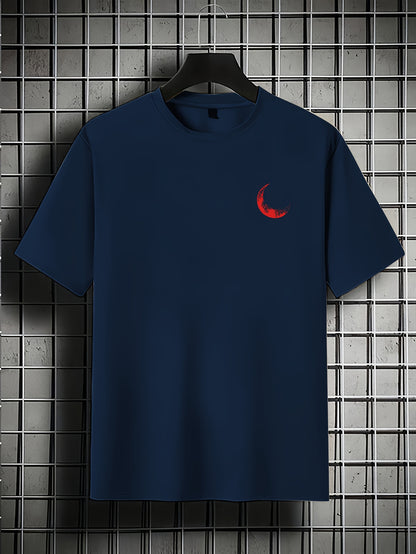 Men's Graphic Print Short Sleeve T-Shirt - Black Relaxed Fit Casual Round Neck, Durable Polyester Fabric, Machine Washable Summer Outdoor Top, Moon And Trees Design | Lightweight Clothing