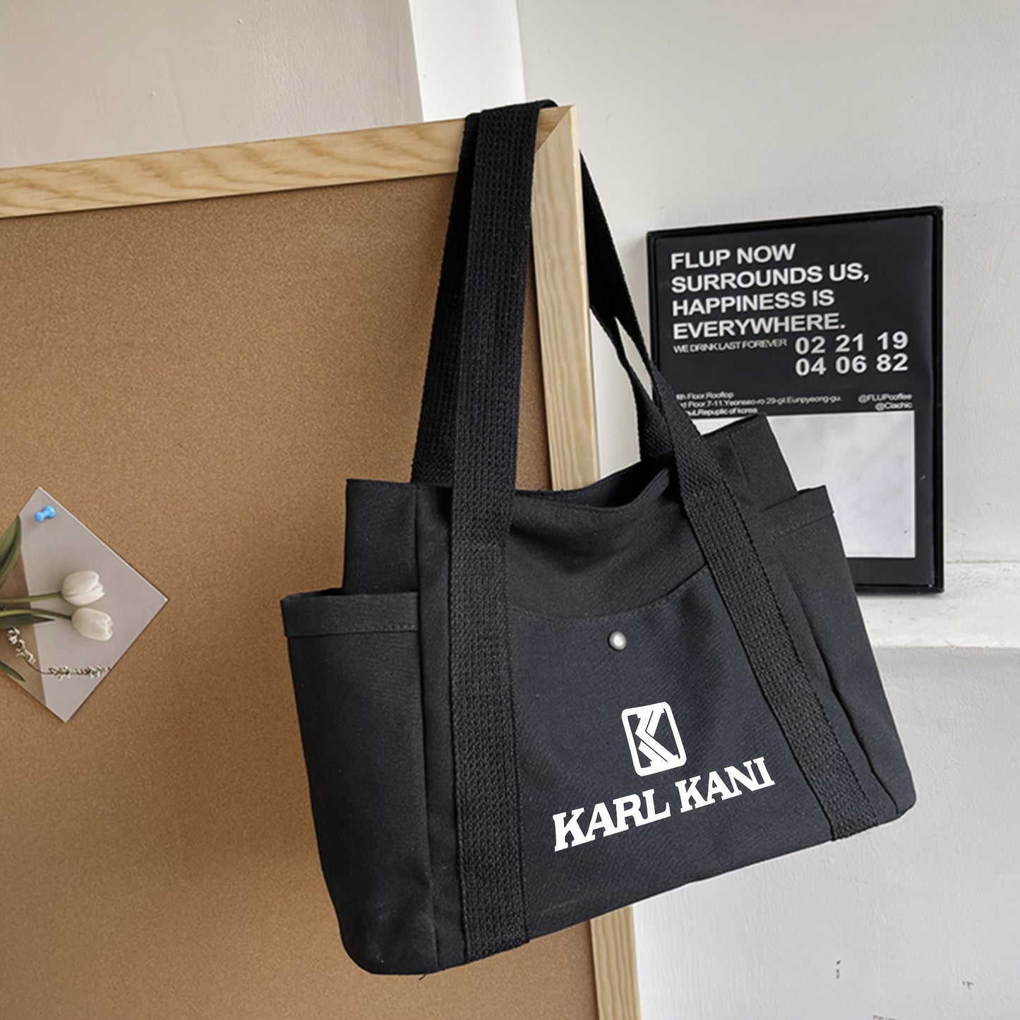 Karl Kani Women'S Large Capacity Tote Bag - Lightweight Durable Polyester Shoulder Bag with Zipper Closure, Stylish Black & White Print Design, Perfect for Shopping, Commuting, and Travel, Versatile Carryall | Minimalist Desi