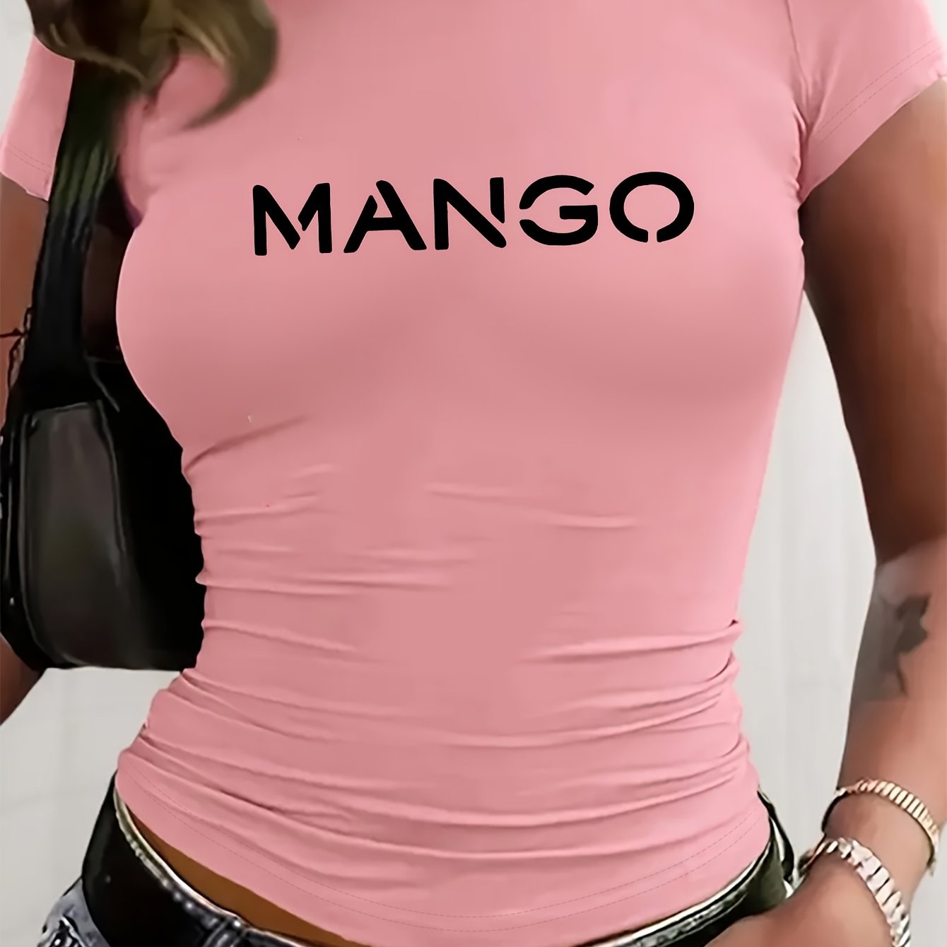 Women's Y2K Style Slim-Fit Cropped Short Sleeve T-Shirt - White with Bold Black 'MANGO' Graphic Print, Semi-Sheer Round Neck Top, Medium Stretch Machine Washable for Spring/Summer Casual Wear