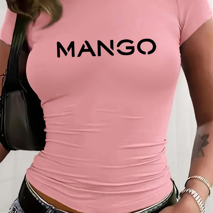 Women's Y2K Style Slim-Fit Cropped Short Sleeve T-Shirt - White with Bold Black 'MANGO' Graphic Print, Semi-Sheer Round Neck Top, Medium Stretch Machine Washable for Spring/Summer Casual Wear