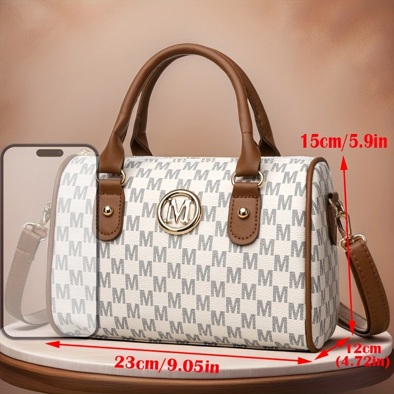 Perfect Lily Women'S Mini Shoulder Bag with Golden "M" Monogram - Elegant Houndstooth Design, Detachable Strap, Lightweight Synthetic Faux Leather Purse for Work, Travel, Parties & Gifts (White/Black/Brown), Small Crossbody B