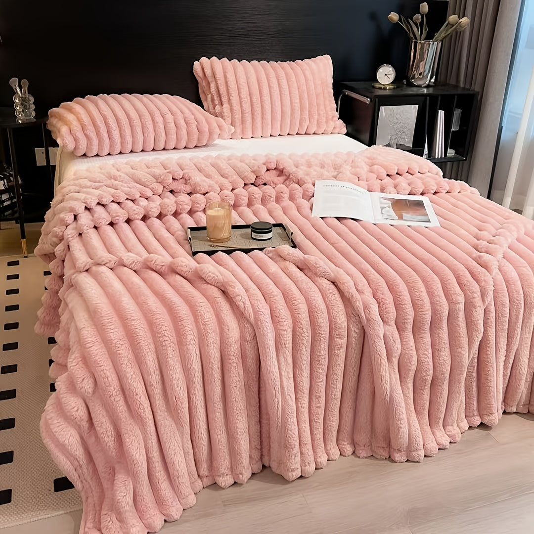 Warm and comfortable flannel drawstring blanket, imitation rabbit fur blanket, soft and warm sofa blanket, suitable for napping, office, outdoor camping, sofa nap blanket, versatile striped pattern gift blanket for all season