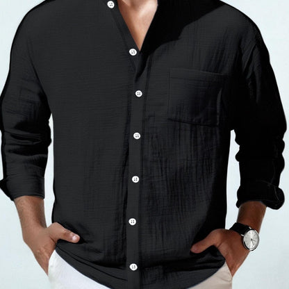Men's Lightweight 95% Linen Shirt - Breathable Summer Casual Button-Up with Stand Collar, Regular Fit for Beach & Urban Wear, Solid Color