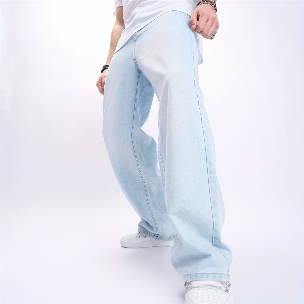 Men'S High-Street Casual Straight-Leg Jeans - Light Blue, Loose Fit, Non-Stretch Denim, Raw Wash, All-Season Comfort, Perfect for Casual Attire, Comfortable Clothing | Relaxed Fit Jeans | Nonstretch Fabric