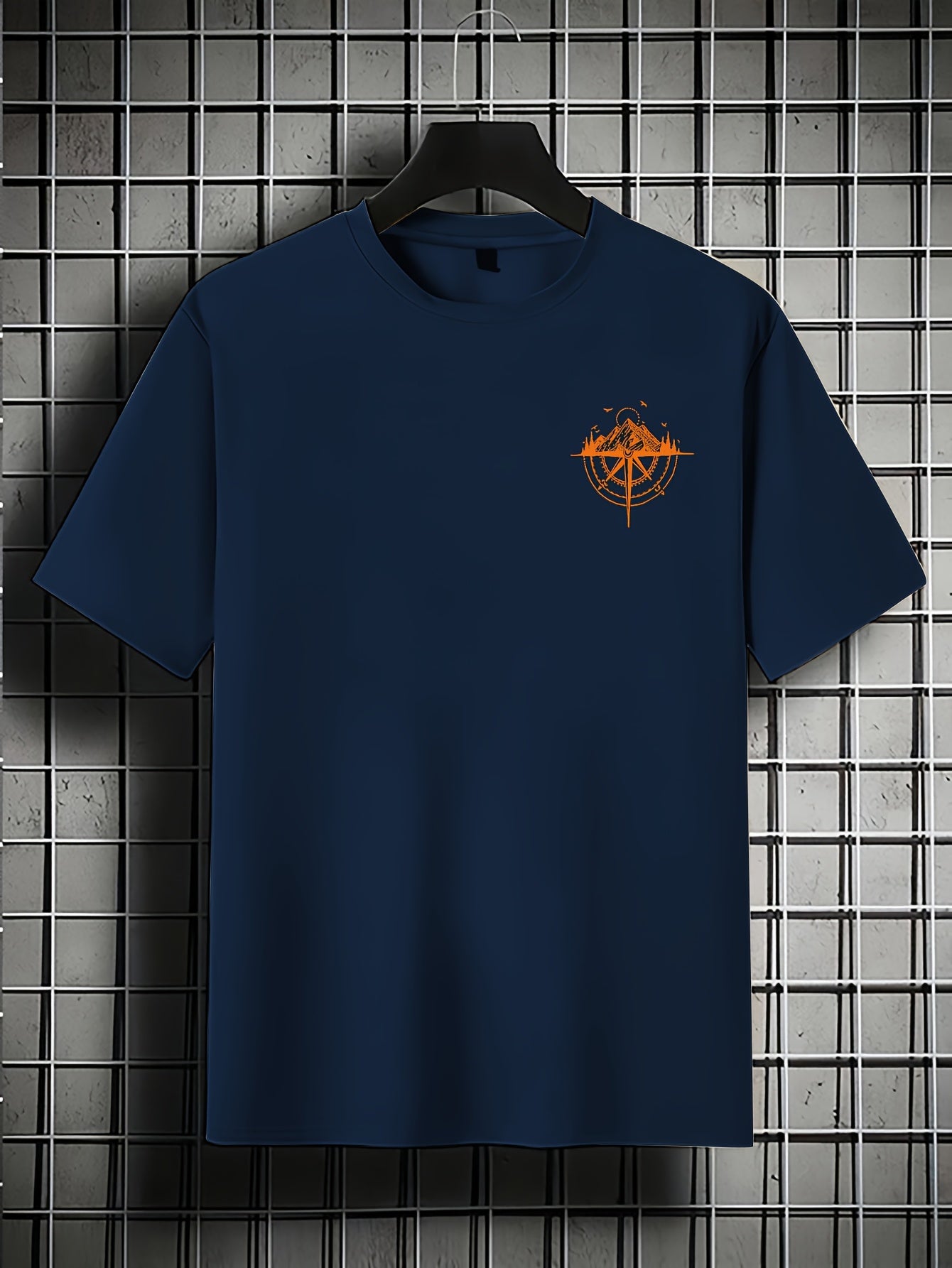 Men's Short Sleeve T-Shirt 100% Polyester Loose Fit Casual Round Neck Navy Blue with Golden Compass Rose Mountain Print - Summer Outdoor Adventure Graphic Tee, Modern Casual Top | Easy Care Clothing