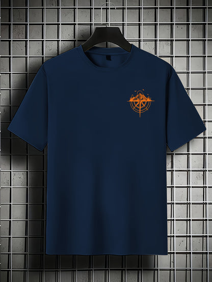 Men's Short Sleeve T-Shirt 100% Polyester Loose Fit Casual Round Neck Navy Blue with Golden Compass Rose Mountain Print - Summer Outdoor Adventure Graphic Tee, Modern Casual Top | Easy Care Clothing