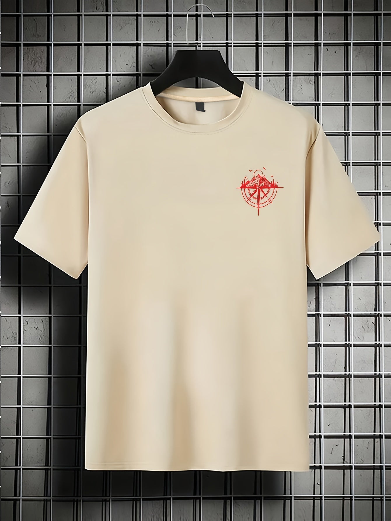 Men's Short Sleeve T-Shirt 100% Polyester Loose Fit Casual Round Neck Navy Blue with Golden Compass Rose Mountain Print - Summer Outdoor Adventure Graphic Tee, Modern Casual Top | Easy Care Clothing