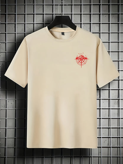 Men's Short Sleeve T-Shirt 100% Polyester Loose Fit Casual Round Neck Navy Blue with Golden Compass Rose Mountain Print - Summer Outdoor Adventure Graphic Tee, Modern Casual Top | Easy Care Clothing