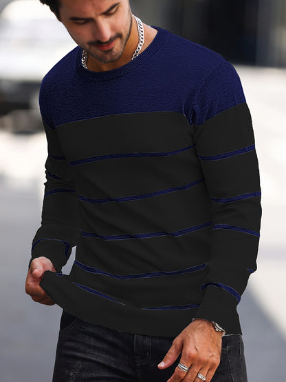 Men's Casual Striped Knit Pullover Sweater - Navy & White Contrast, Regular Fit H-Silhouette, Long Sleeve Crew Neck, Medium Stretch, Machine Washable for Spring & Fall, Mediumstretch Fabric