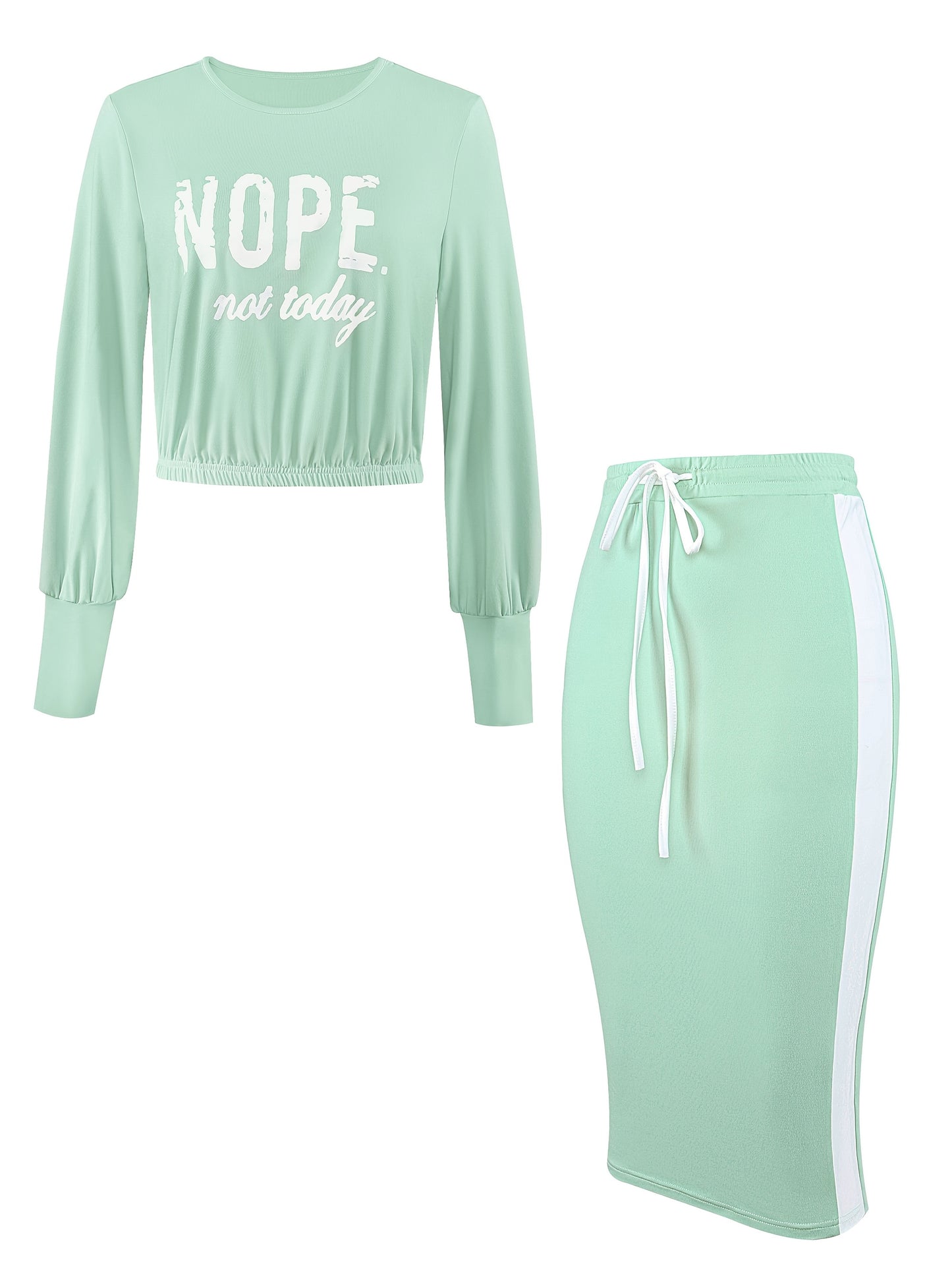 Women'S "NOPE not today" Print Long Sleeve Crop Top & Drawstring Skirt Set - Casual Polyester Blend, Light Green, Stylish Beltless Design with Pockets, Casual Attire|Crop Top Design|Stretchy Fabric