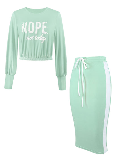 Women'S "NOPE not today" Print Long Sleeve Crop Top & Drawstring Skirt Set - Casual Polyester Blend, Light Green, Stylish Beltless Design with Pockets, Casual Attire|Crop Top Design|Stretchy Fabric