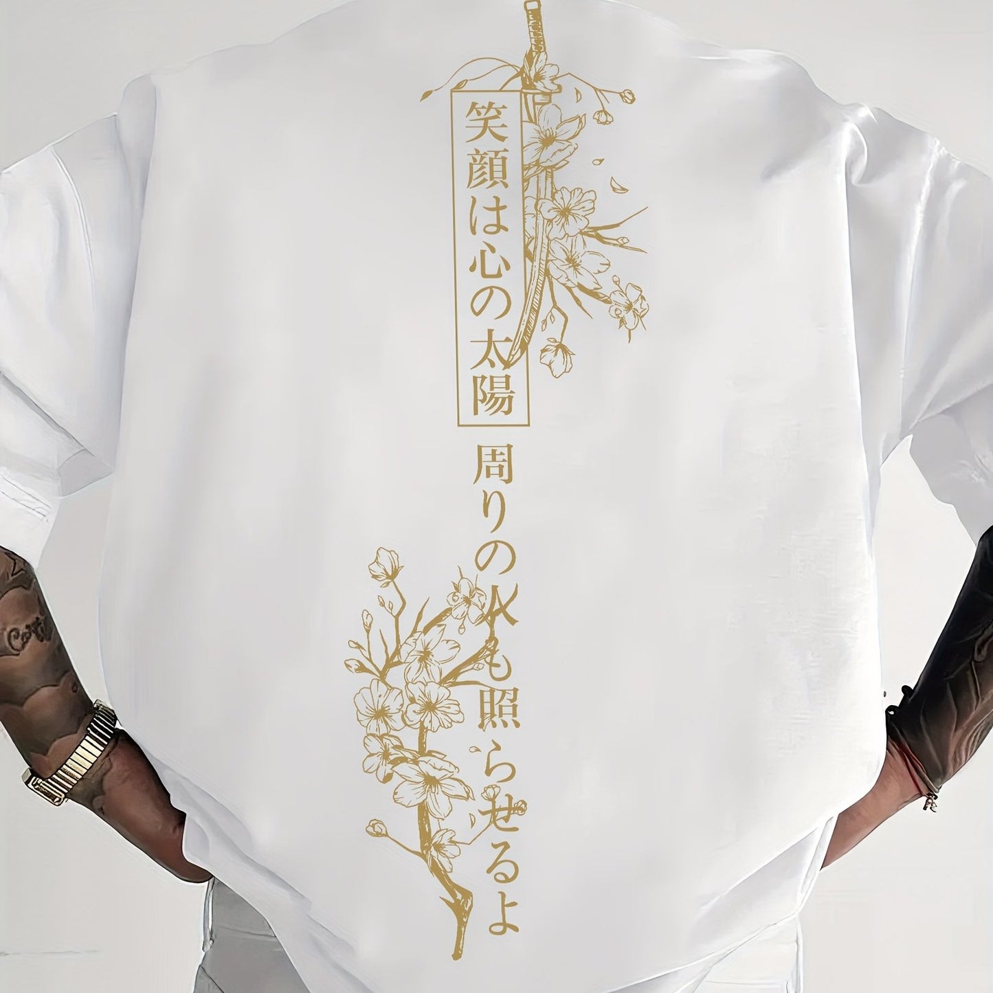 Men's Japanese Sakura Cherry Blossom & Text Print Casual T-Shirt - Black with Golden Floral Print Design, Loose Fit Round Neck, Breathable Summer Fabric, Machine Washable, Relaxed Fit Clothing, Elegant Design Shirt