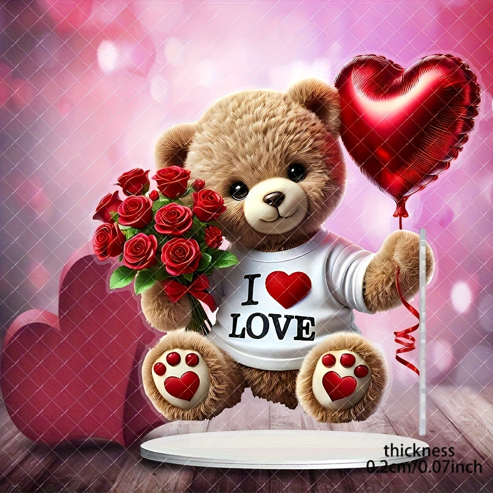 1pc, 2D Acrylic Flat, Charming Bohemian Style Acrylic Teddy Bear with Roses and Heart Balloons - "I Love" Design, 22.1x19.99 cm - Suitable for Home, Office, Garden, Ideal Gift
