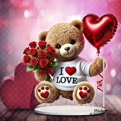 1pc, 2D Acrylic Flat, Charming Bohemian Style Acrylic Teddy Bear with Roses and Heart Balloons - "I Love" Design, 22.1x19.99 cm - Suitable for Home, Office, Garden, Ideal Gift