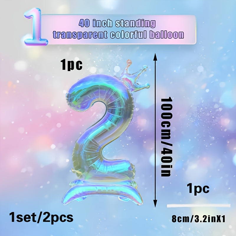 2pcs, 1pc 101.6cm transparent large digital balloon with crown and base + 1 straw, aluminum foil material, suitable for birthday party decoration, photo props, anniversary celebrations, Valentine's Day, New Year celebrations,