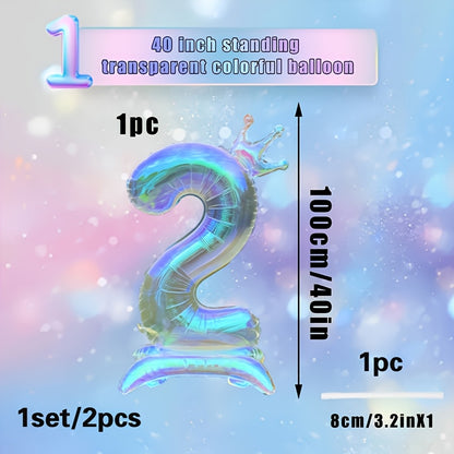 2pcs, 1pc 101.6cm transparent large digital balloon with crown and base + 1 straw, aluminum foil material, suitable for birthday party decoration, photo props, anniversary celebrations, Valentine's Day, New Year celebrations,