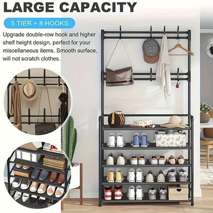 1pc Multi-Functional Entryway Organizer - Heavy-Duty Shoe Rack & Coat Hanger with Hooks, Space-Saving Hallway Storage Cabinet, Easy Assembly No Tools Needed, Sturdy Metal/Plastic Construction for Living Room, Bedroom, Office