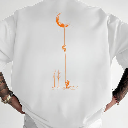 Men's Graphic Print Short Sleeve T-Shirt - Black Relaxed Fit Casual Round Neck, Durable Polyester Fabric, Machine Washable Summer Outdoor Top, Moon And Trees Design | Lightweight Clothing