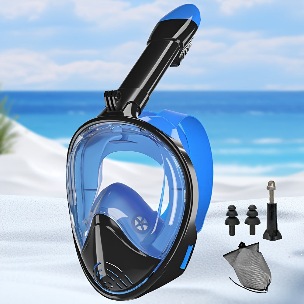Full Face Silicone Snorkeling Mask, Large Frame Full Dry Panoramic Snorkel Mask with Camera Holder, Anti-Fog Swimming Goggles Swim Glasses Set for Adults