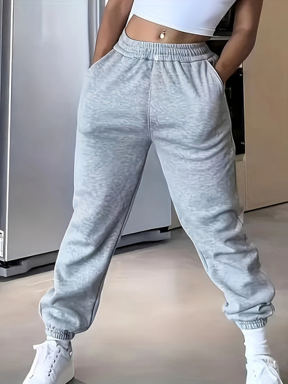 High-Waisted Elastic Jogger Pants for Women - 100% Polyester Casual Style Solid Color Trousers for Spring/Summer/Fall