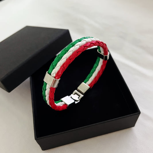 Handmade Braided Red, White, and Green Flag Faux Leather Bracelet - Fashionable Faux Leather Accessory with Metal Buckle, Ideal for National Holiday Celebrations, National Holiday Gift|Festive Accessory|Durable Faux Leather,