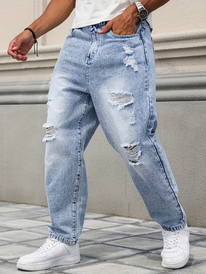 Men's Distressed Blue Denim Harem Pants - Loose Fit, Ripped Jeans with Raw Hem & Slant Pockets, Casual All-Season Wear (Belt/Accessories Not Included)