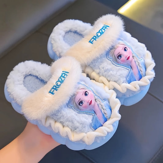 Pair of Frozen Elsa Princess Plush Slippers with Disney Elsa Design, Warm Fleece-Lined Indoor/Outdoor Shoes for Girls - New Autumn/Winter Cute Cartoon Princess Style Printed Fluffy Slippers in Sky Blue and Lilac Colors, Perfe