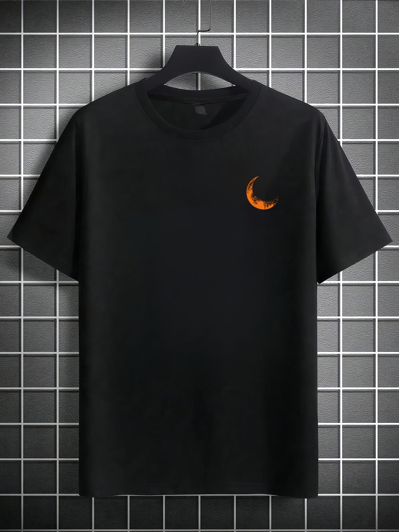 Men's Graphic Print Short Sleeve T-Shirt - Black Relaxed Fit Casual Round Neck, Durable Polyester Fabric, Machine Washable Summer Outdoor Top, Moon And Trees Design | Lightweight Clothing
